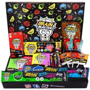 Brain Blasterz Sour Sweets Gift Box Vegan Halal Friendly Bonbon Candy Snack Bundle with Crunch Balls Gum Stick Brain Breakerz Bitz Chew Bar Chew Sticks Drip n Lollipop Powder Double Dip Halloween Candy